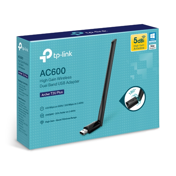 ADAPTADOR WIFI TP-LINK AC600, ARCHER T2U PLUS, DOBLE BANDA 2.4-5GHZ, 433MBPS