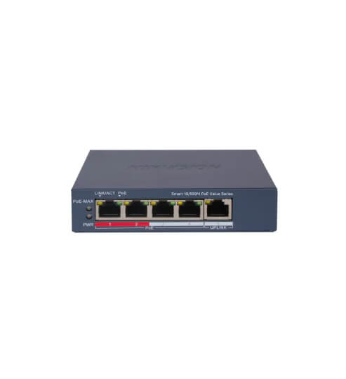 SWITCH POE ADMINISTRABLE HIKVISION, 4 POE, 1 UP LINK RJ45, 300M, DS-3E1105P-EI/M