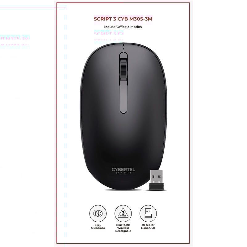 MOUSE INALAMBRICO RECARGABLE CYBERTEL ECRIPT 3, CYB M305 3M, WIFI/BT, USB C